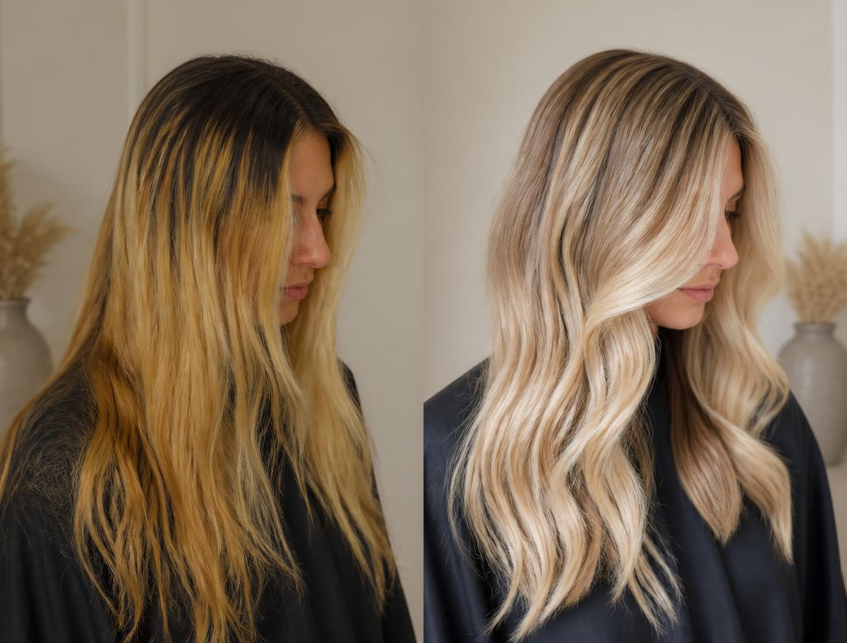 Before and after a blonde balayage transformation on long hair