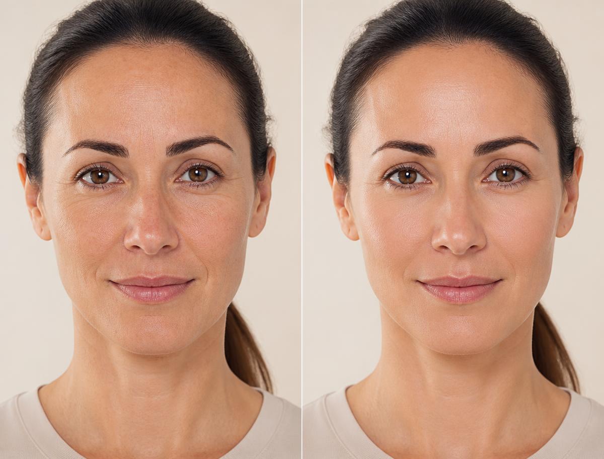 Before and after an aesthetics skin treatment on a woman's face