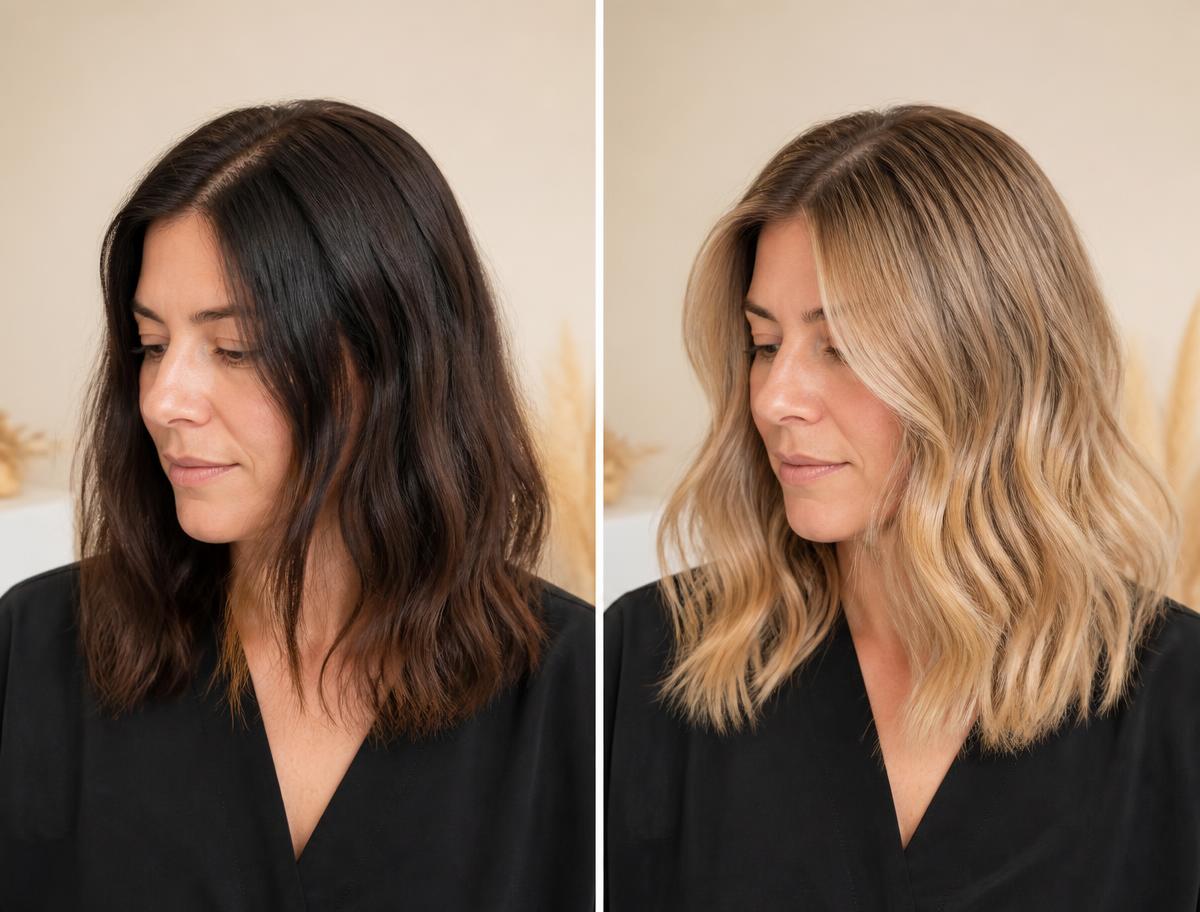 Before and after a colour correction from dark box dye to creamy blonde